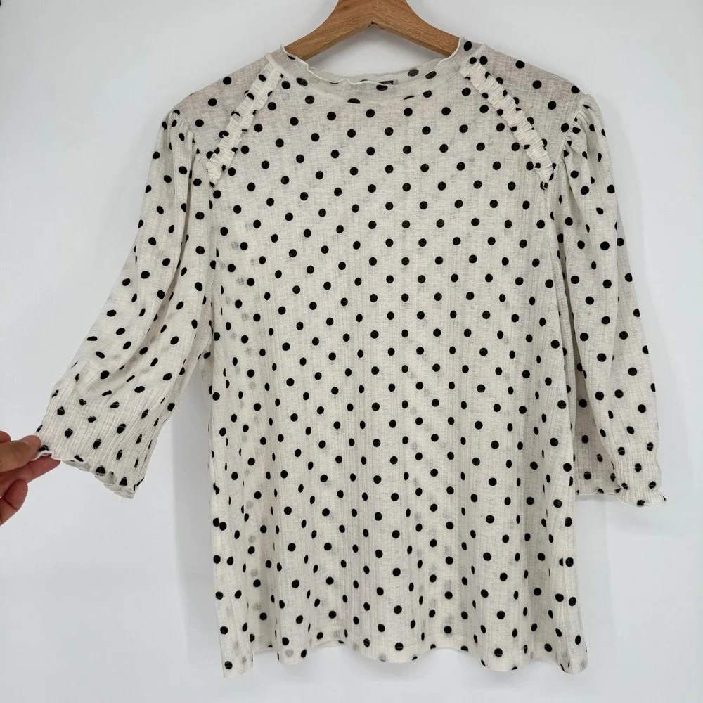 Zara Polka Dot Sheer Blouse M Ruffle Puff Sleeve Cottagecore Chic Minimalist
